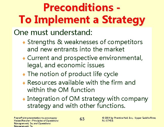 Preconditions To Implement a Strategy One must understand: ¨ Strengths & weaknesses of competitors