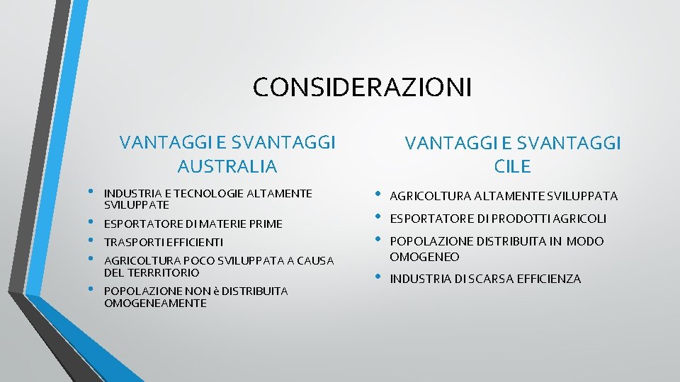 CONSIDERAZIONI VANTAGGI E SVANTAGGI AUSTRALIA • • • INDUSTRIA E TECNOLOGIE ALTAMENTE SVILUPPATE ESPORTATORE