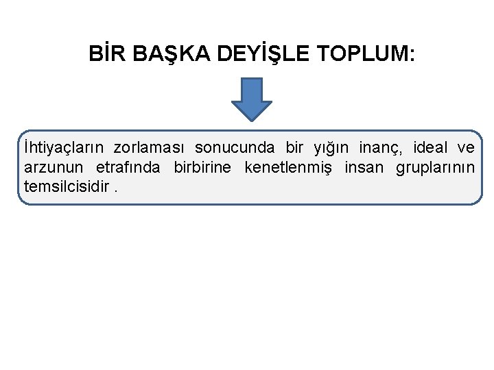 BİR BAŞKA DEYİŞLE TOPLUM: İhtiyaçların zorlaması sonucunda bir yığın inanç, ideal ve arzunun etrafında