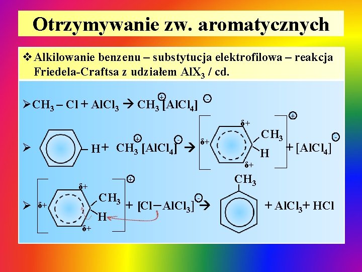 Otrzymywanie zw. aromatycznych v. Alkilowanie benzenu – substytucja elektrofilowa – reakcja Friedela-Craftsa z udziałem Otrzymywanie zw. aromatycznych v. Alkilowanie benzenu – substytucja elektrofilowa – reakcja Friedela-Craftsa z udziałem