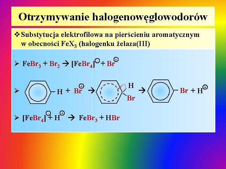 Otrzymywanie halogenowęglowodorów v. Substytucja elektrofilowa na pierścieniu aromatycznym w obecności Fe. X 3 (halogenku Otrzymywanie halogenowęglowodorów v. Substytucja elektrofilowa na pierścieniu aromatycznym w obecności Fe. X 3 (halogenku