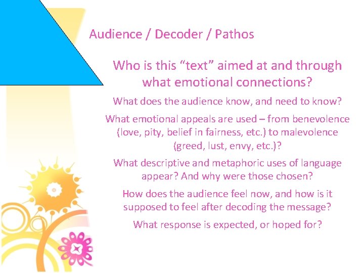 Audience / Decoder / Pathos Who is this “text” aimed at and through what