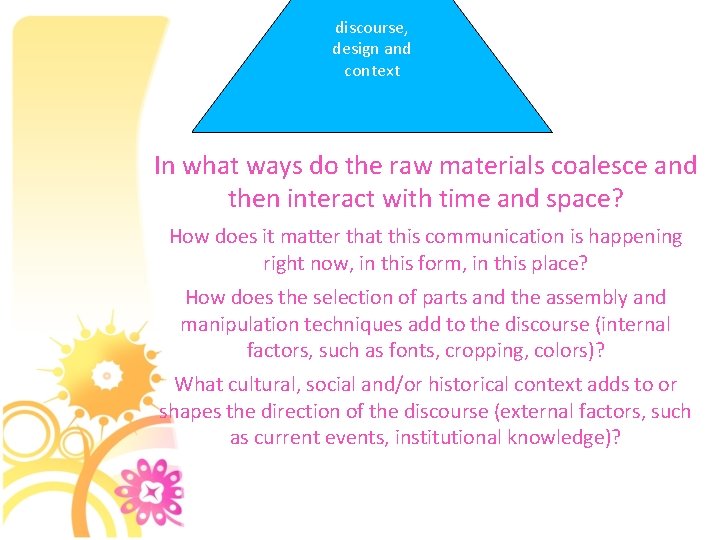 discourse, design and context In what ways do the raw materials coalesce and then