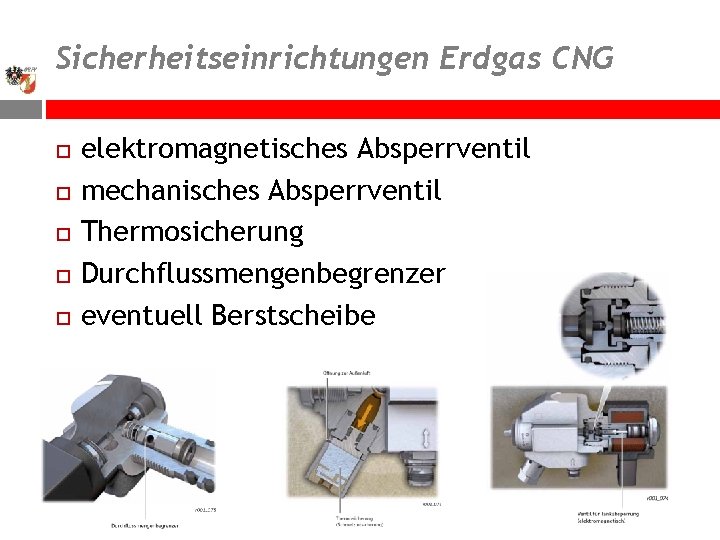 Sicherheitseinrichtungen Erdgas CNG elektromagnetisches Absperrventil mechanisches Absperrventil Thermosicherung Durchflussmengenbegrenzer eventuell Berstscheibe 