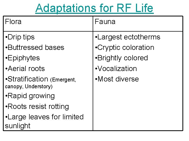 Adaptations for RF Life Flora Fauna • Drip tips • Buttressed bases • Epiphytes