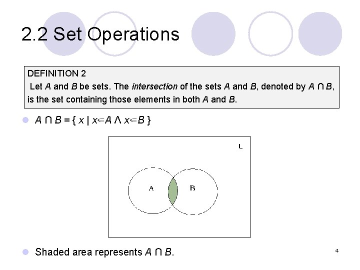 2. 2 Set Operations DEFINITION 2 Let A and B be sets. The intersection