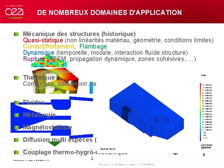 DE NOMBREUX DOMAINES D'APPLICATION Mécanique des structures (historique) Quasi-statique (non linéarités matériau, géométrie, conditions