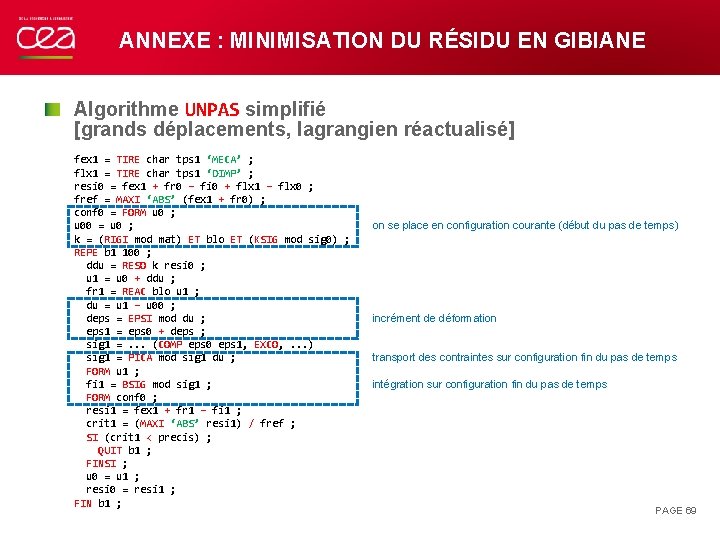 ANNEXE : MINIMISATION DU RÉSIDU EN GIBIANE Algorithme UNPAS simplifié [grands déplacements, lagrangien réactualisé]