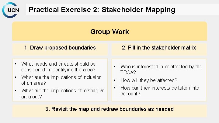 Practical Exercise 2: Stakeholder Mapping Group Work 1. Draw proposed boundaries 2. Fill in
