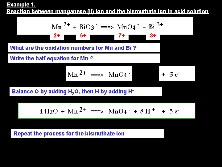 Example 1. Reaction between manganese (II) ion and the bismuthate ion in acid solution