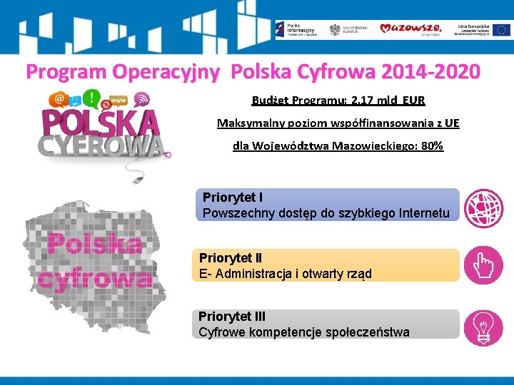 Program Operacyjny Polska Cyfrowa 2014 -2020 Budżet Programu: 2, 17 mld EUR Maksymalny poziom