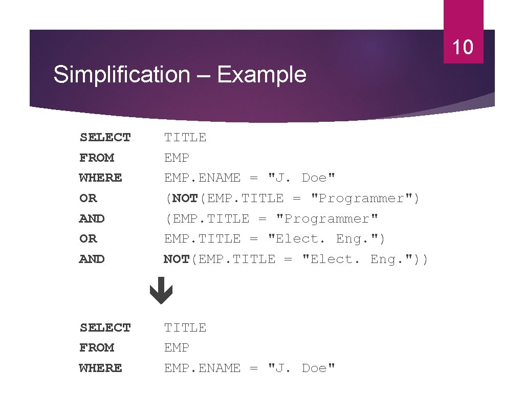 10 Simplification – Example SELECT FROM WHERE OR AND TITLE EMP. ENAME = "J. 10 Simplification – Example SELECT FROM WHERE OR AND TITLE EMP. ENAME = "J.