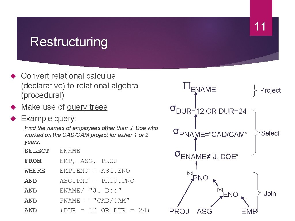 11 Restructuring Convert relational calculus (declarative) to relational algebra (procedural) Make use of query 11 Restructuring Convert relational calculus (declarative) to relational algebra (procedural) Make use of query