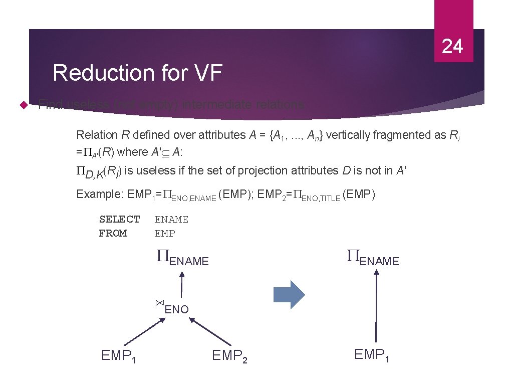 24 Reduction for VF Find useless (not empty) intermediate relations Relation R defined over 24 Reduction for VF Find useless (not empty) intermediate relations Relation R defined over