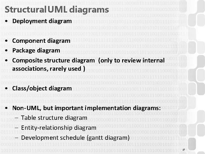Structural UML diagrams • Deployment diagram • Component diagram • Package diagram • Composite Structural UML diagrams • Deployment diagram • Component diagram • Package diagram • Composite