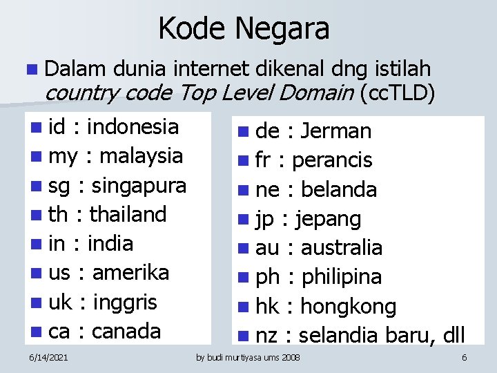 Kode Negara n Dalam dunia internet dikenal dng istilah country code Top Level Domain