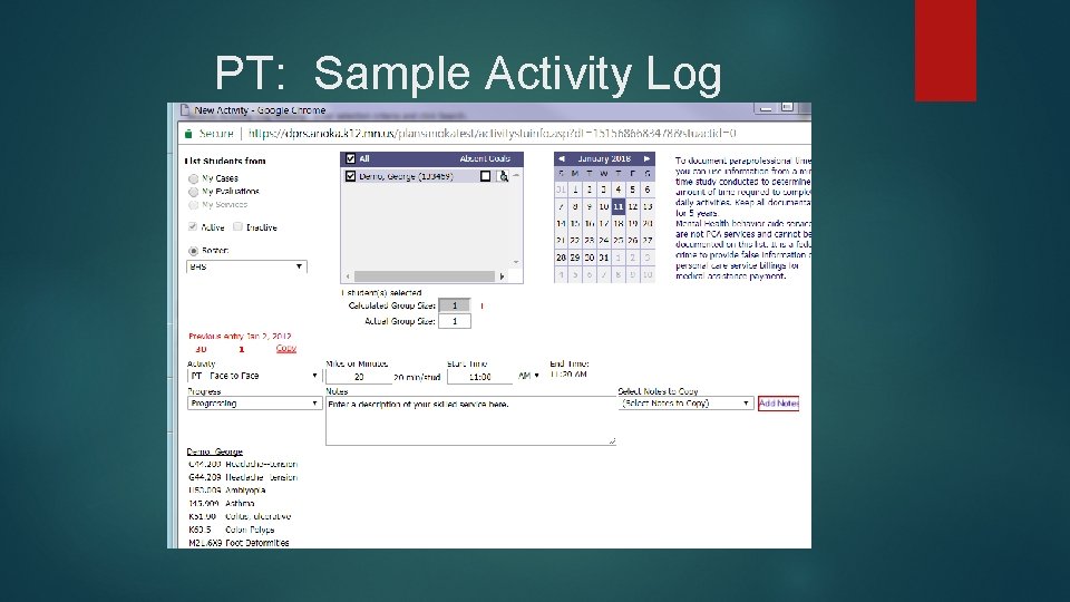 PT: Sample Activity Log 