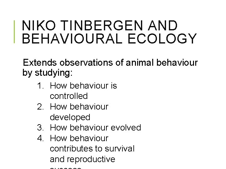 NIKO TINBERGEN AND BEHAVIOURAL ECOLOGY Extends observations of animal behaviour by studying: 1. How