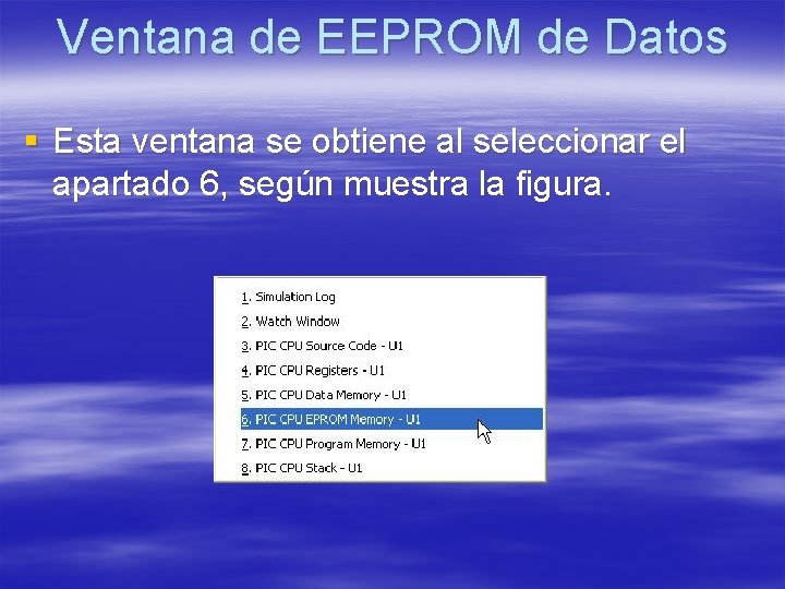 Ventana de EEPROM de Datos § Esta ventana se obtiene al seleccionar el apartado