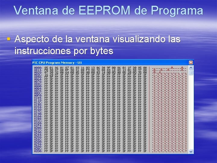 Ventana de EEPROM de Programa § Aspecto de la ventana visualizando las instrucciones por