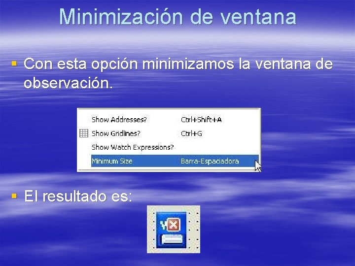 Minimización de ventana § Con esta opción minimizamos la ventana de observación. § El