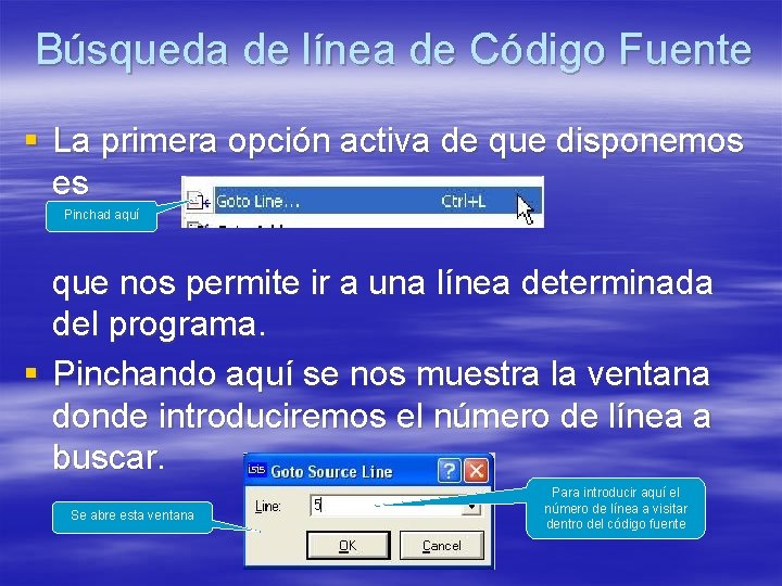 Búsqueda de línea de Código Fuente § La primera opción activa de que disponemos