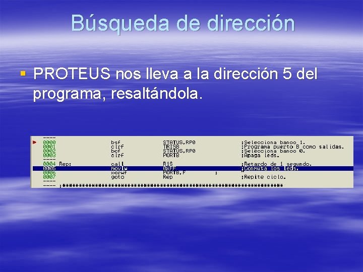 Búsqueda de dirección § PROTEUS nos lleva a la dirección 5 del programa, resaltándola.