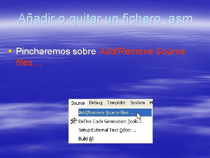 Añadir o quitar un fichero. asm § Pincharemos sobre Add/Remove Source files… 