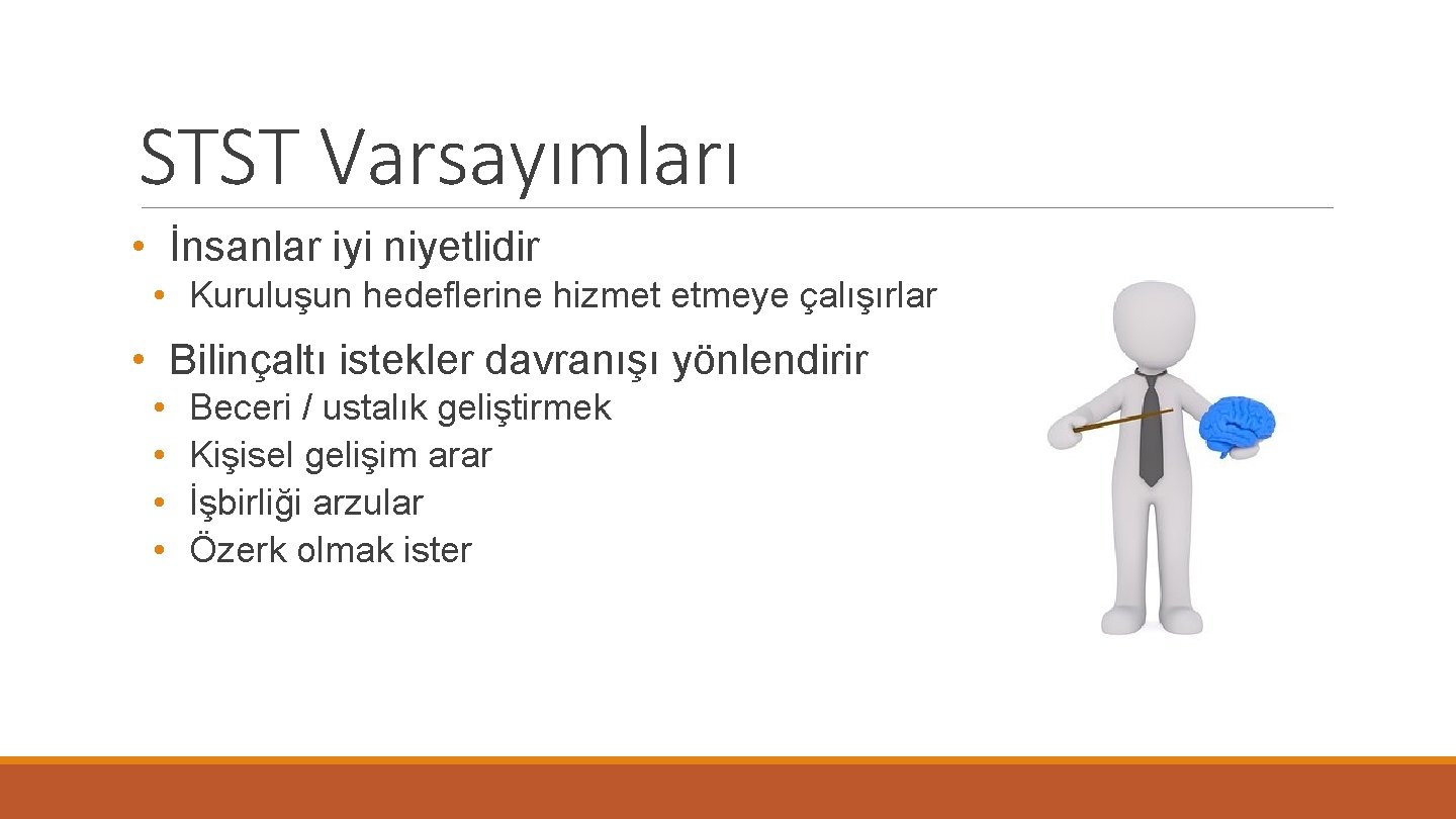 STST Varsayımları • İnsanlar iyi niyetlidir • Kuruluşun hedeflerine hizmet etmeye çalışırlar • Bilinçaltı