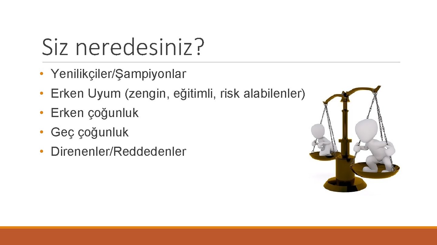 Siz neredesiniz? • Yenilikçiler/Şampiyonlar • Erken Uyum (zengin, eğitimli, risk alabilenler) • Erken çoğunluk