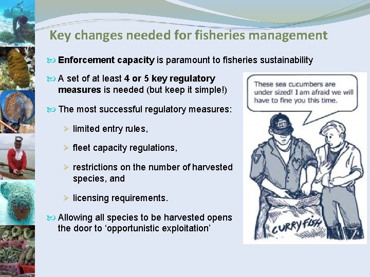 Key changes needed for fisheries management Enforcement capacity is paramount to fisheries sustainability A