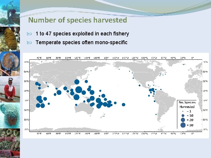 Number of species harvested 1 to 47 species exploited in each fishery Temperate species