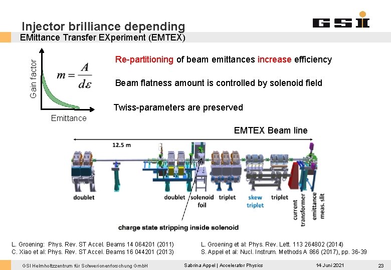 Injector brilliance depending EMittance Transfer EXperiment (EMTEX) Gain factor Re-partitioning of beam emittances increase
