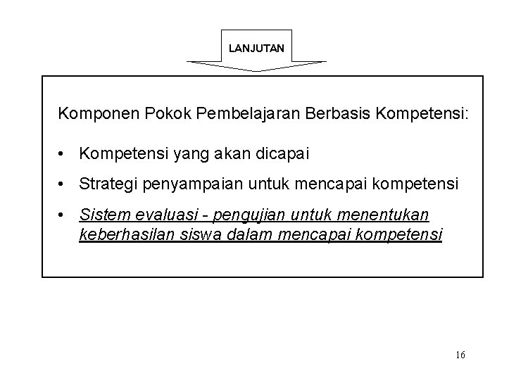 LANJUTAN Komponen Pokok Pembelajaran Berbasis Kompetensi: • Kompetensi yang akan dicapai • Strategi penyampaian