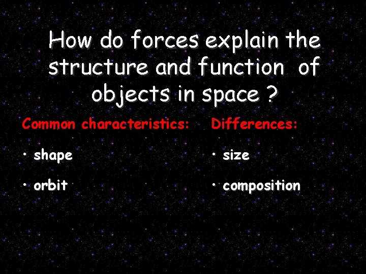 How do forces explain the structure and function of objects in space ? Common
