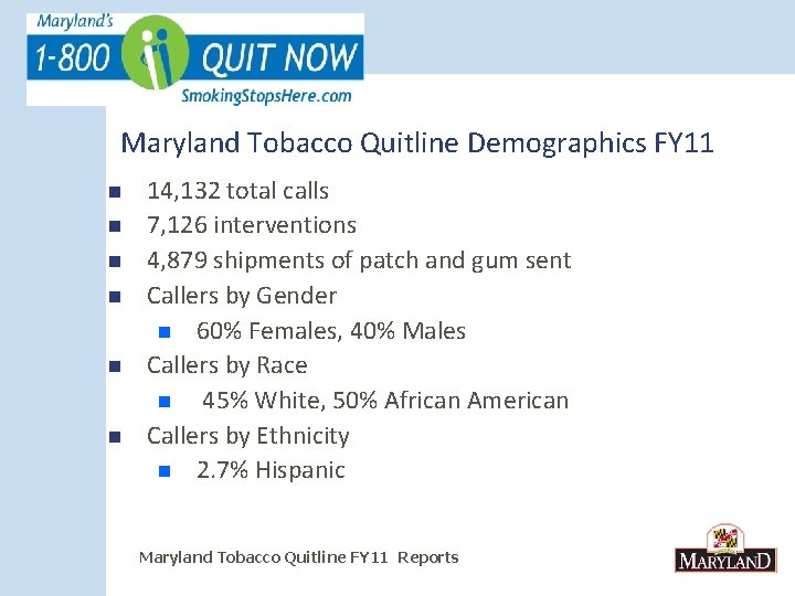 Maryland Tobacco Quitline Demographics FY 11 n n n 14, 132 total calls 7,