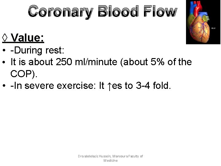 Coronary Blood Flow ◊ Value: • -During rest: • It is about 250 ml/minute