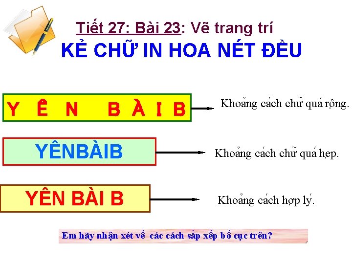 Tiết 27: Bài 23: Vẽ trang trí KẺ CHỮ IN HOA NÉT ĐỀU Y