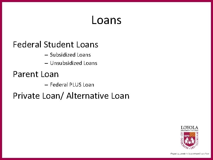 Loans Federal Student Loans – Subsidized Loans – Unsubsidized Loans Parent Loan – Federal