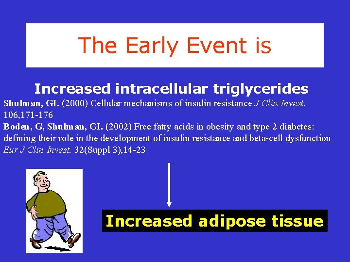 The Early Event is Increased intracellular triglycerides Shulman, GI. (2000) Cellular mechanisms of insulin