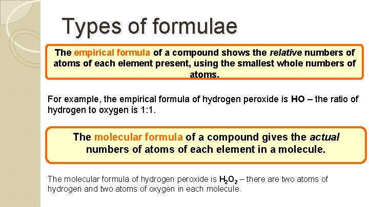Types of formulae The empirical formula of a compound shows the relative numbers of