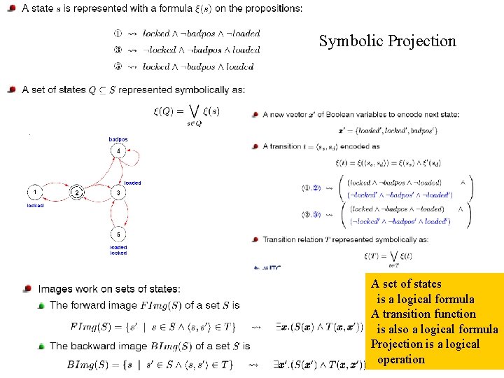 Symbolic Projection A set of states is a logical formula A transition function is