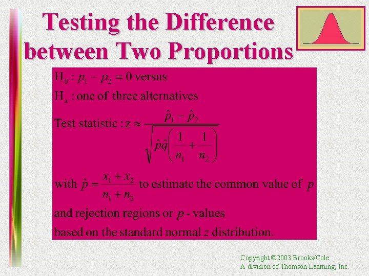 Testing the Difference between Two Proportions Copyright © 2003 Brooks/Cole A division of Thomson