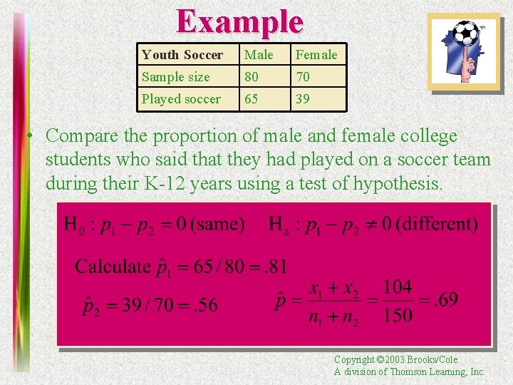 Example Youth Soccer Male Female Sample size 80 70 Played soccer 65 39 •