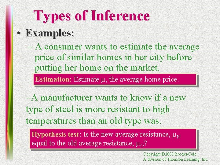 Types of Inference • Examples: – A consumer wants to estimate the average price
