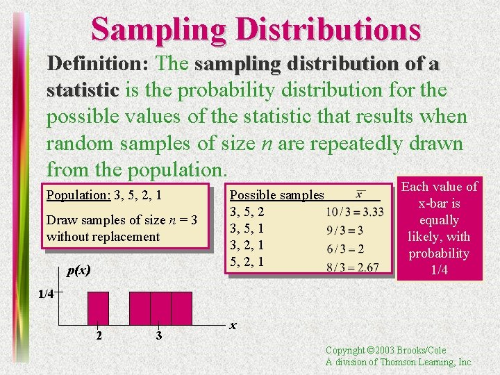 Sampling Distributions Definition: The sampling distribution of a statistic is the probability distribution for
