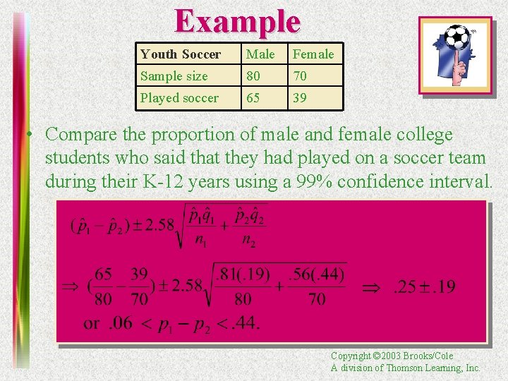Example Youth Soccer Male Female Sample size 80 70 Played soccer 65 39 •