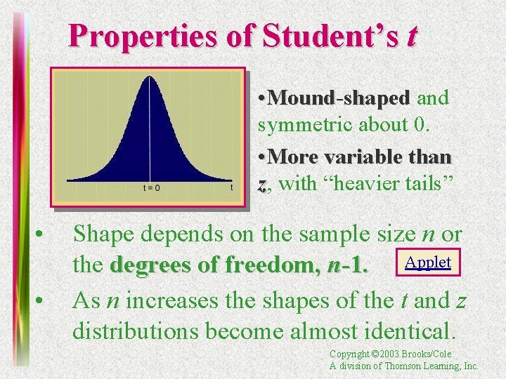 Properties of Student’s t • Mound-shaped and symmetric about 0. • More variable than
