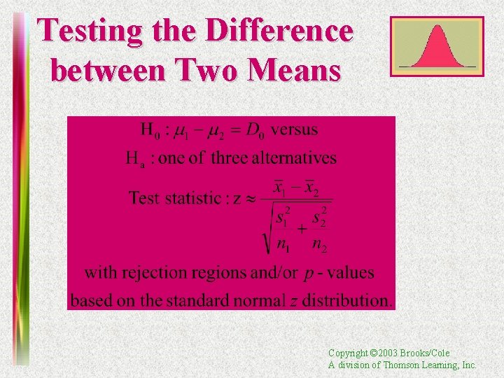 Testing the Difference between Two Means Copyright © 2003 Brooks/Cole A division of Thomson