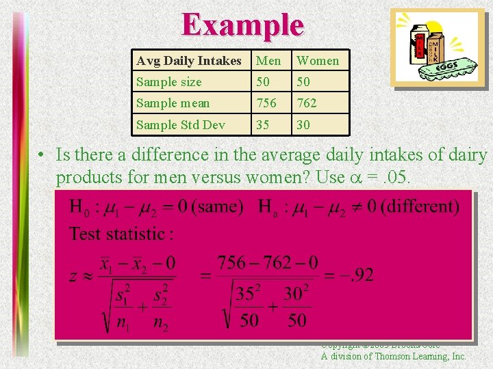 Example Avg Daily Intakes Men Women Sample size 50 50 Sample mean 756 762
